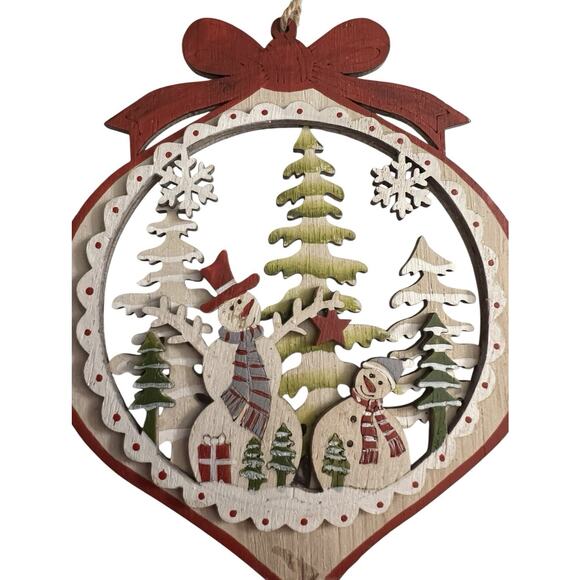 Ganz Christmas Wooden Laser Cut Ornaments Round Santa & Snowman - Picture 4 of 12